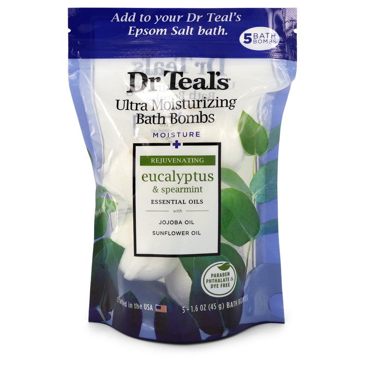 Dr Teal's Ultra Moisturizing Bath Bombs Men Five (5) 1.6 oz (50 ml) Moisture Rejuvinating Bath Bombs with Eucalyptus & Spearmint