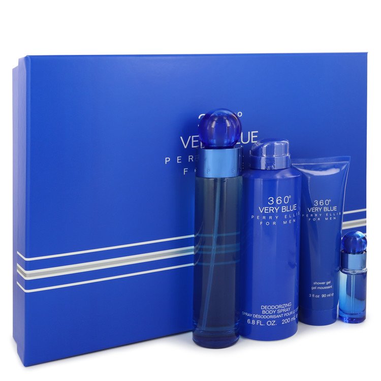 Perry Ellis 360 Very Blue Men Gift Set: 3.4 oz (100 ml) Eau De Toilette Spray + .25 oz Mini EDT Spray + 3 oz (90 ml) Shower Gel + 6.8 oz (200 ml) Body Spray by Perry Ellis