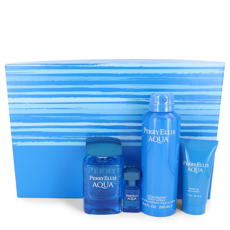 Perry Ellis Aqua Men Gift Set: 3.4 oz (100 ml) Eau De Toilette Spray + .25 oz Mini EDT Spray + 6.8 oz (200 ml) Body Spray + 1.7 oz (50 ml) Shower Gel by Perry Ellis