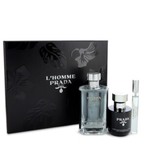 Prada L'Homme Men Gift Set: 3.4 oz (100 ml) Eau De Toilette Spray + .34 oz Mini EDT Spray + 3.4 oz (100 ml) Shower Cream by Prada