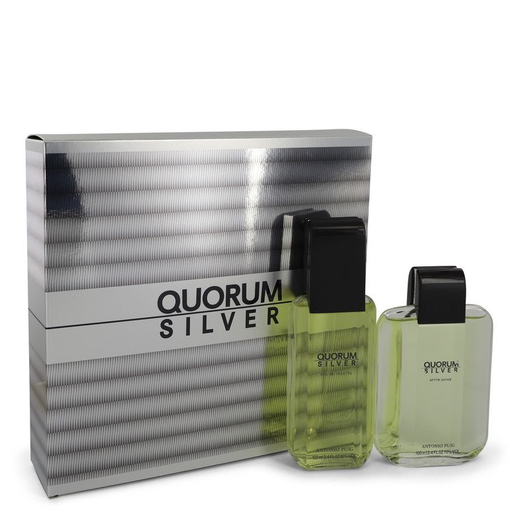 Quorum Silver Men Gift Set: 3.4 oz (100 ml) Eau De Toilette Spray + 3.4 oz (100 ml) After Shave by Puig