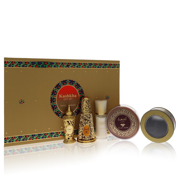 Swiss Arabian Kashkha Men Gift Set: 1.7 oz (50 ml) Eau De Parfum + .7 oz Concentrated Perfume Oil + 24 grams of Oud Muattar Incense + 6 tablets of Bakhoor Incense + 1.35 oz Body Lotion by Swiss Arabian